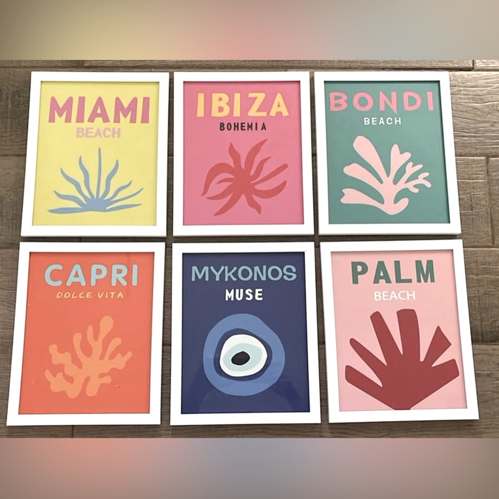 Set of 6 Framed Preppy Travel Art